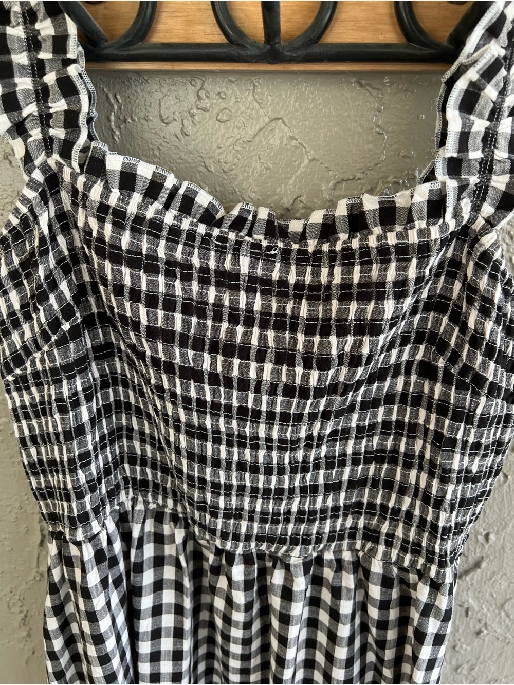 Black & White Gingham Ruffle Strap Midi Dress - Smocked Bodice - Picture 3 of 8